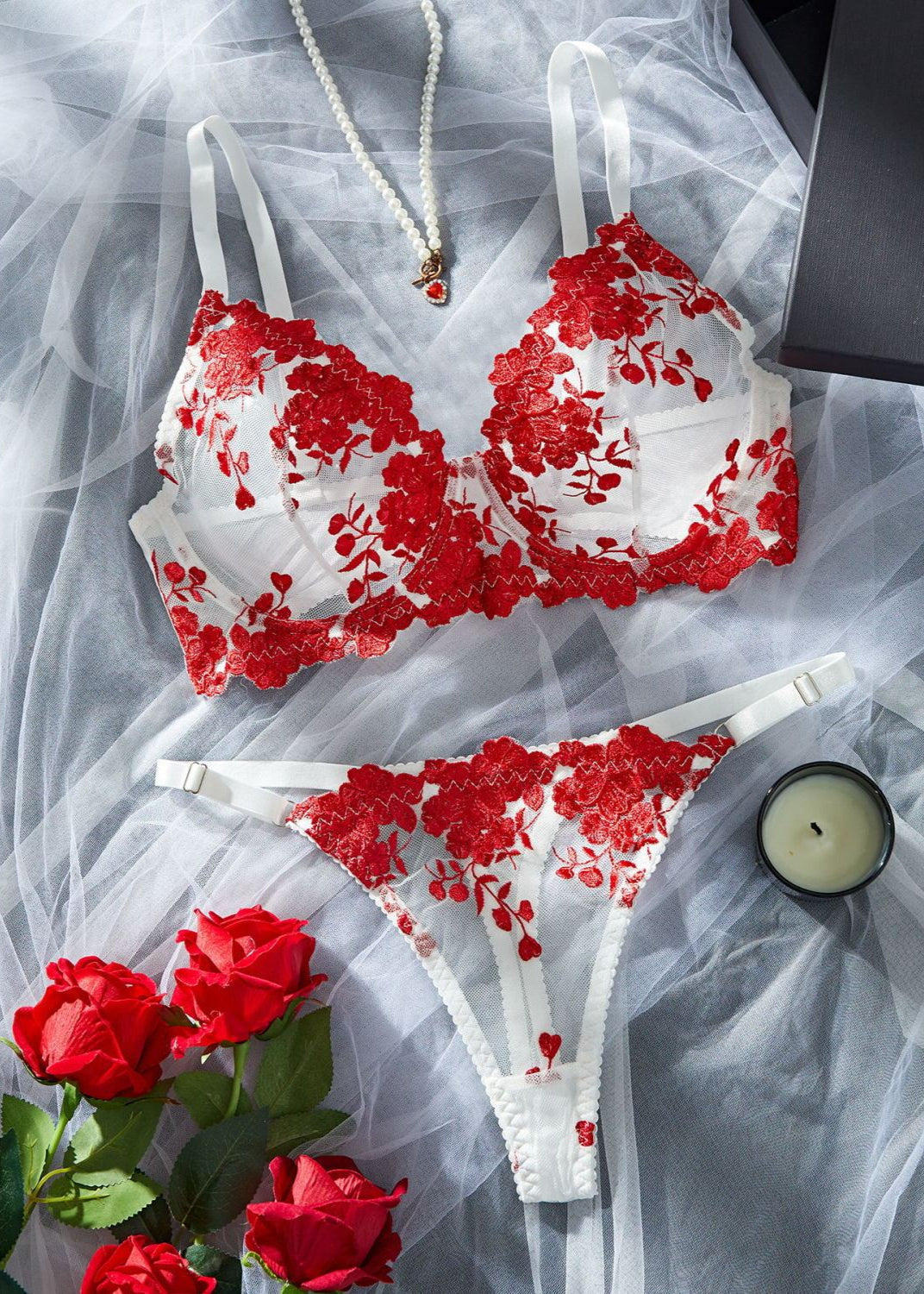 Crimson Bloom – Red Embroidered Mesh Lingerie Set with Triangle Cups