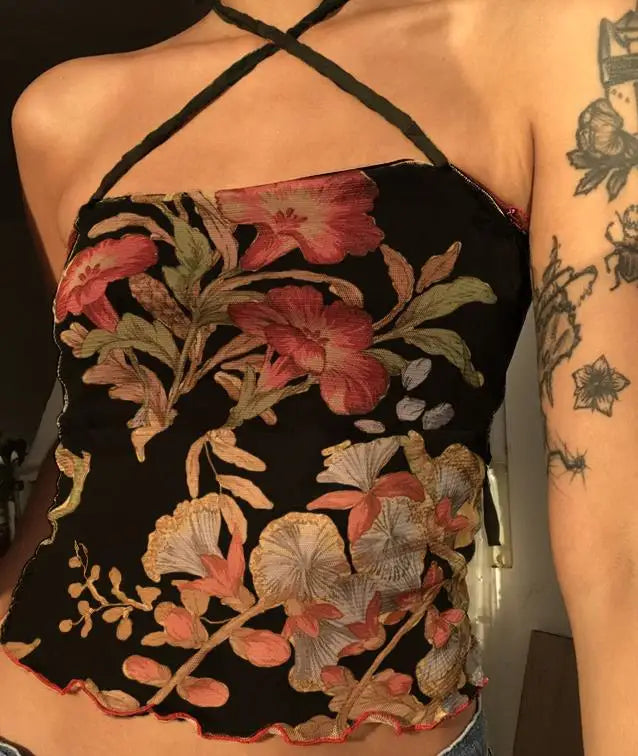 Floral Mesh Sheer Backless Halter Y2K Crop Top