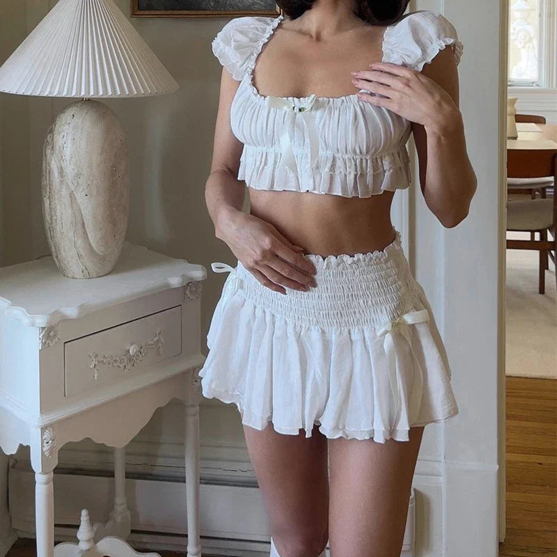 00s Kawaii Outfit Bow Trim Off Shoulder Crop Tops T-shirt + Ruffled Layered Mini Skirt Y2K Fairycore 2 Piece Set Women Clothes