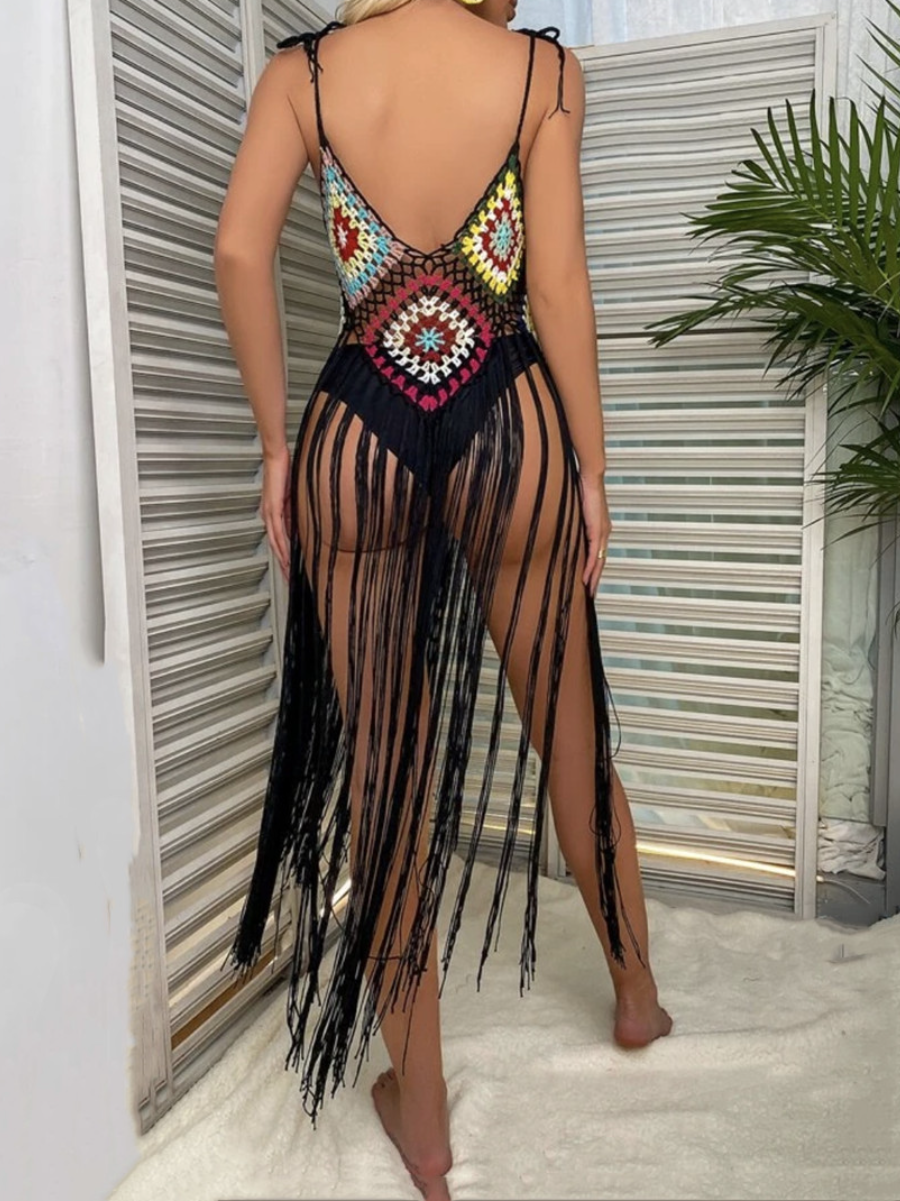 V neck tassels knitted hollow out cami cut out top