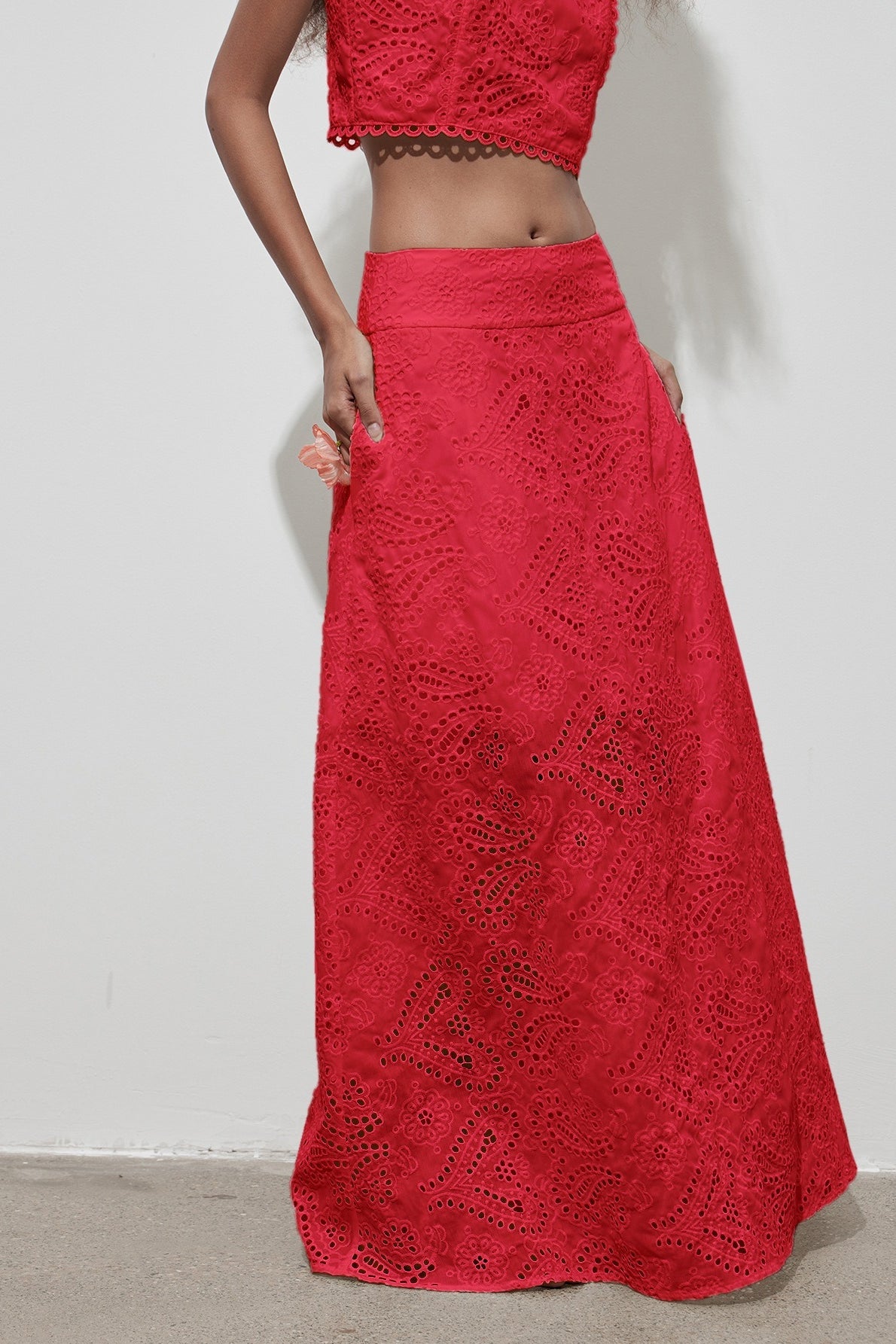 Cutout Allover Embroidered Maxi Skirt