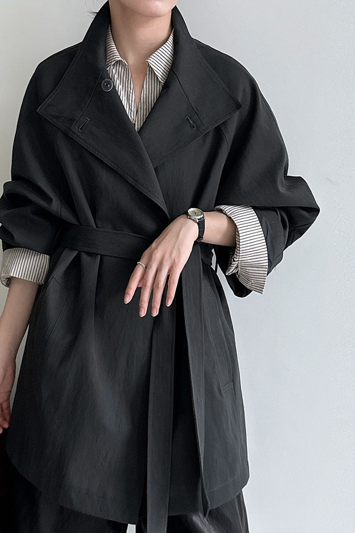 British-Style Stand-Collar Belted Mid-Length Trench Coat