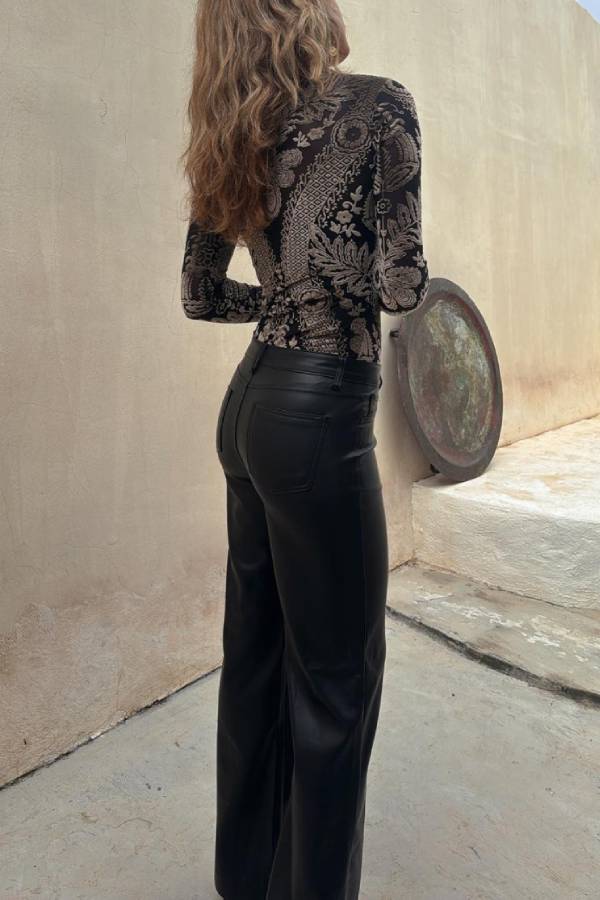Antarey Velvet Mesh Unique Pattern Long Sleeve Stretch Bodysuit
