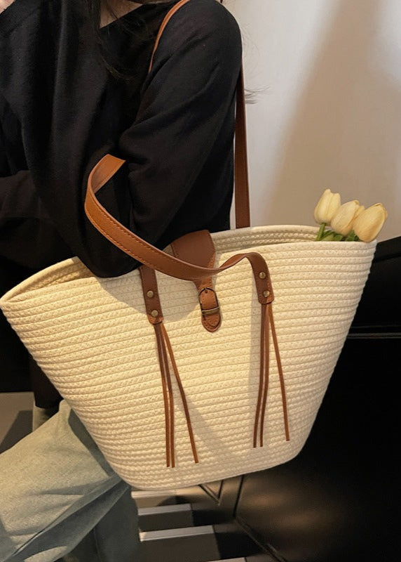 Mira - Oversized Braided Tote Bag with Buckle Accent