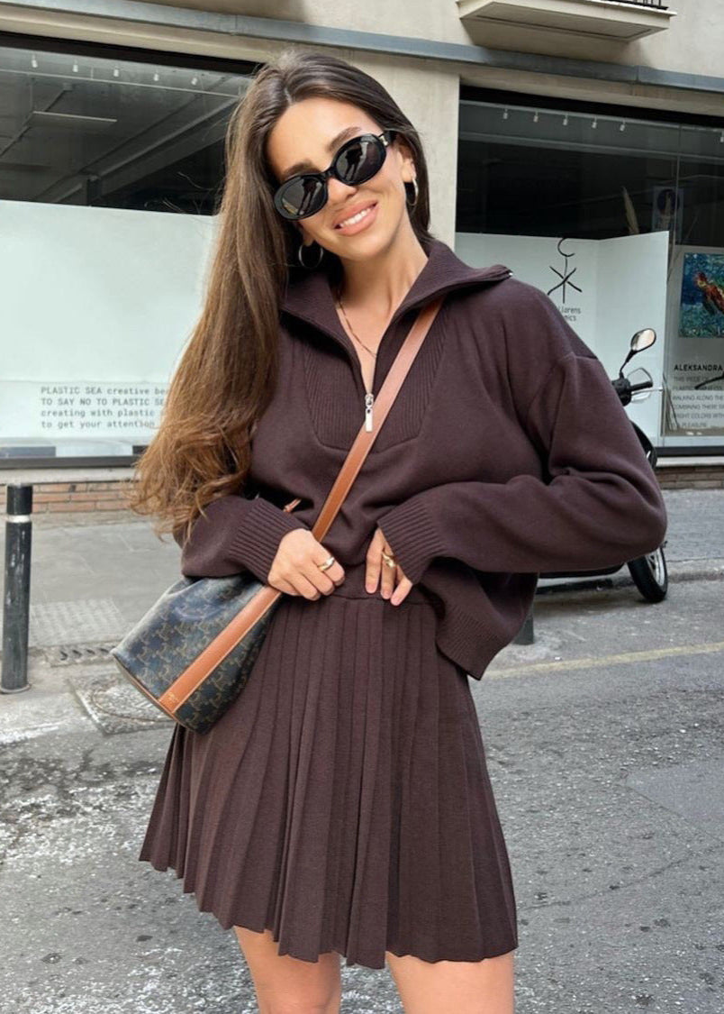 Noelle - Ribbed Knit Zip Sweater & Pleated Skirt Set