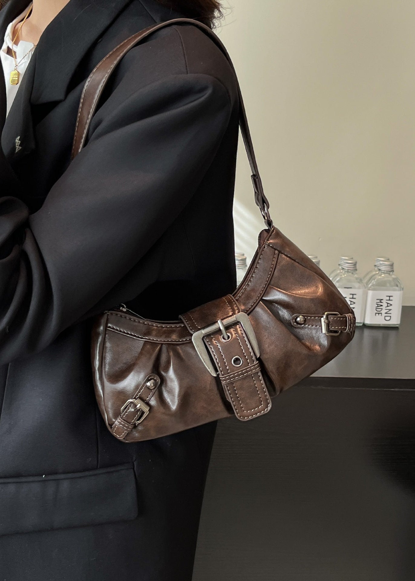 Marlette - Vintage Buckle Shoulder Bag in Coffee Brown