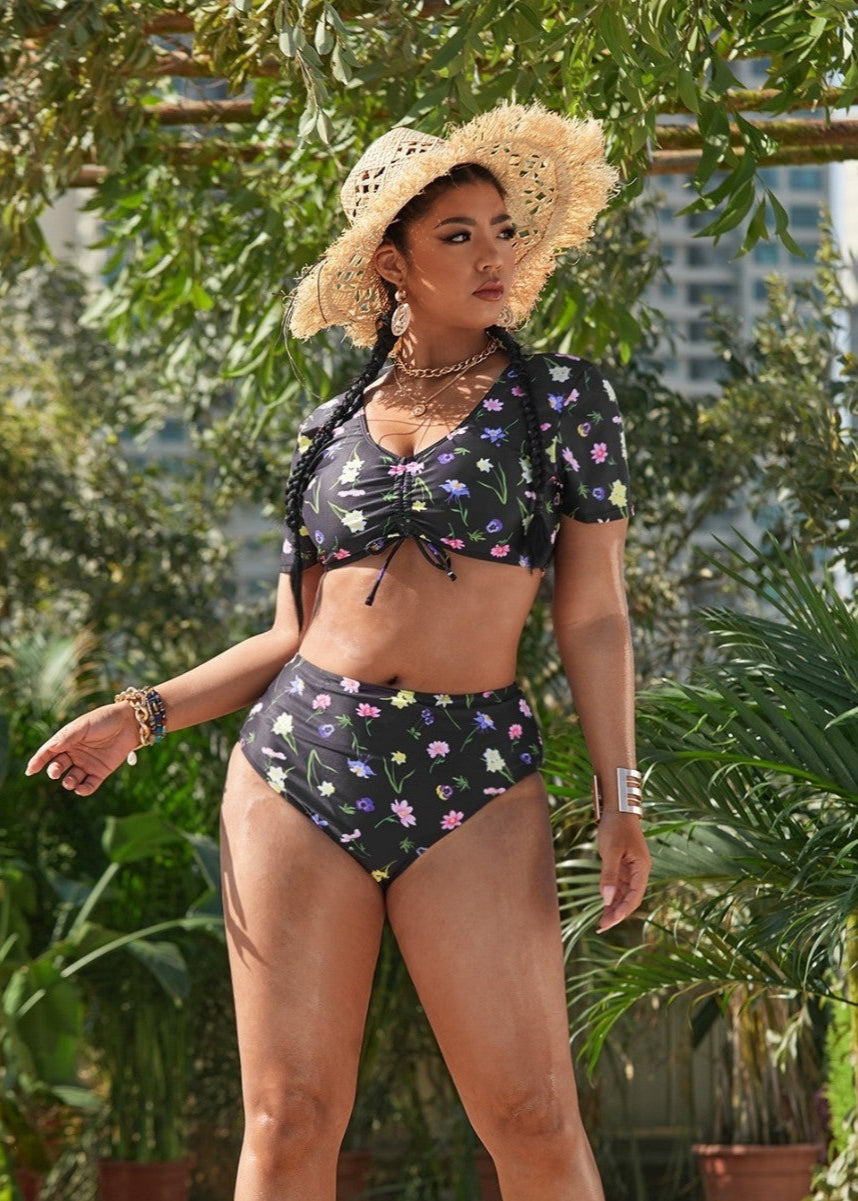 Floral Print High-Waisted Bikini Set with Crop Top