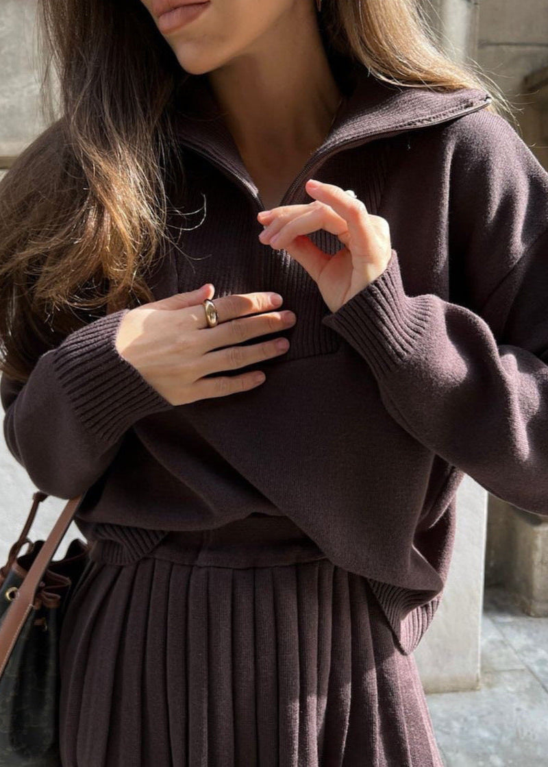 Noelle - Ribbed Knit Zip Sweater & Pleated Skirt Set