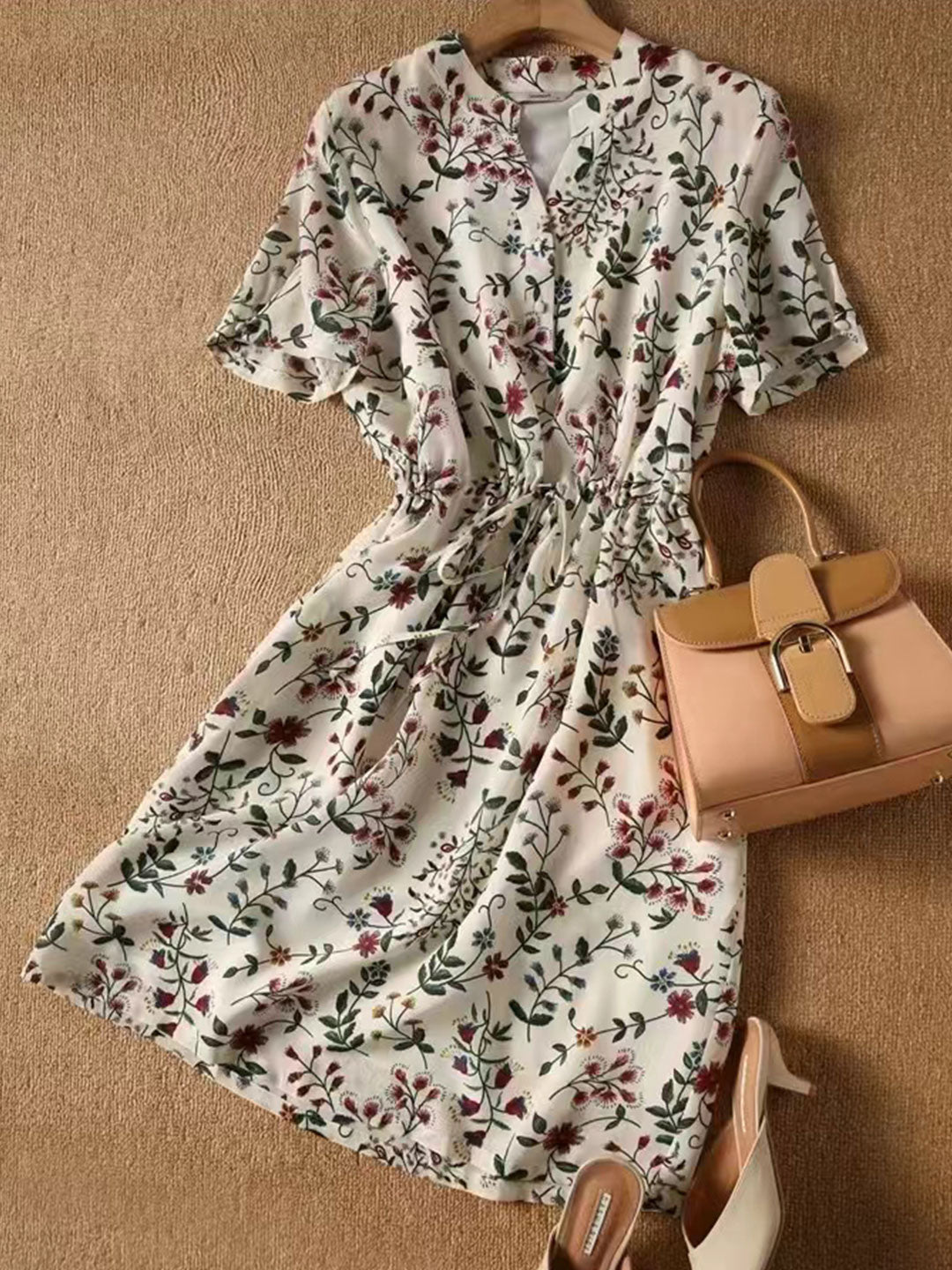 Faith V-Neck Printed Drawstring Chiffon Dress