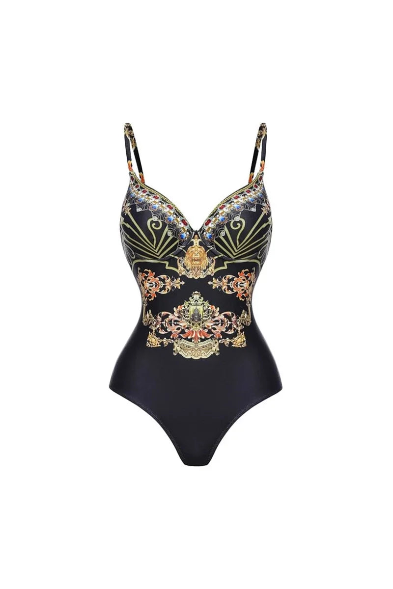 Black Gold Print Strappy One Piece Swimsuit