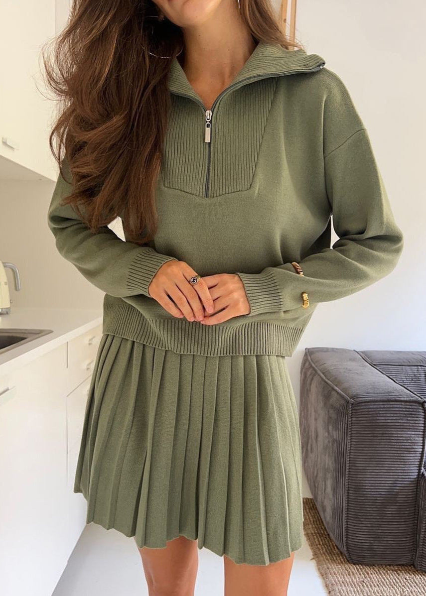 Noelle - Ribbed Knit Zip Sweater & Pleated Skirt Set