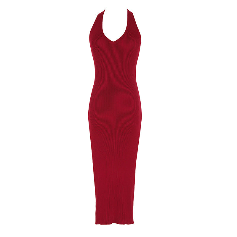 Romantic Red Knit Halter Gown
