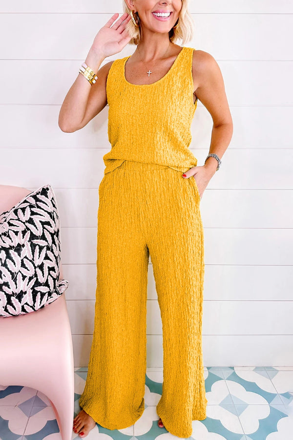 Yellow Crinkled U Neck Tank and Wide Leg Pants Set