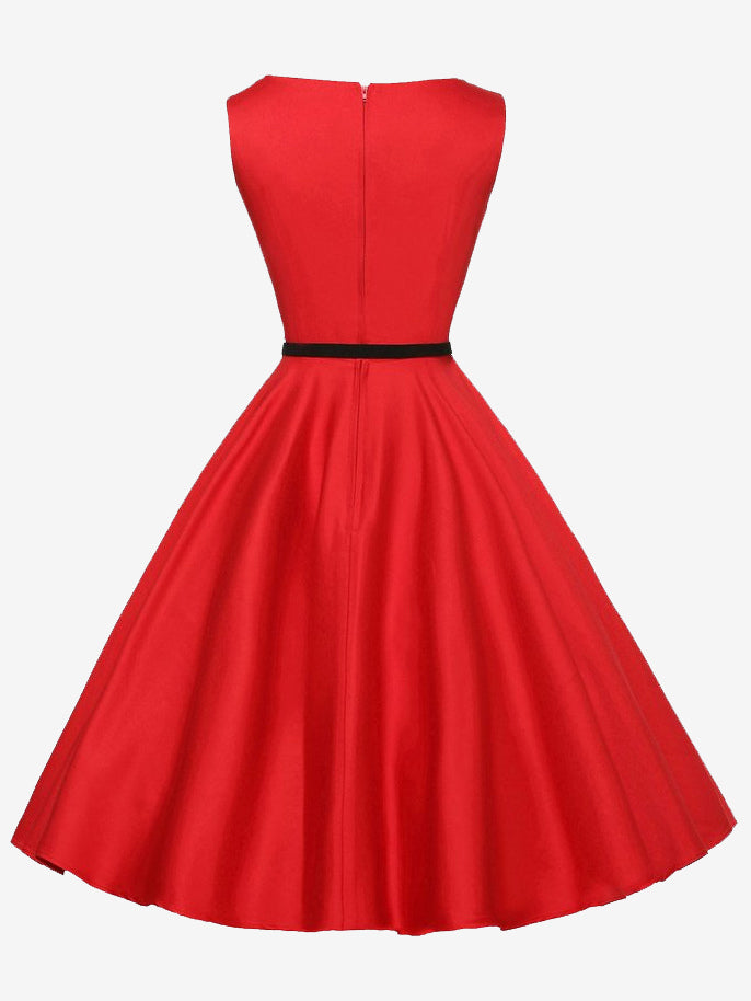 Vintage 1950s Swing Cocktail Dress Women - Sleeveless Boat Neck A-Line Belted Audery Style Midi Gown - Wedding Guest 2026