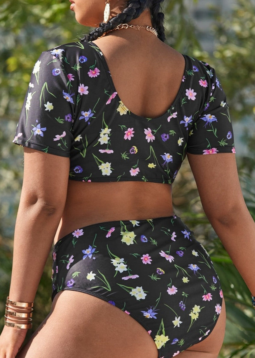 Floral Print High-Waisted Bikini Set with Crop Top