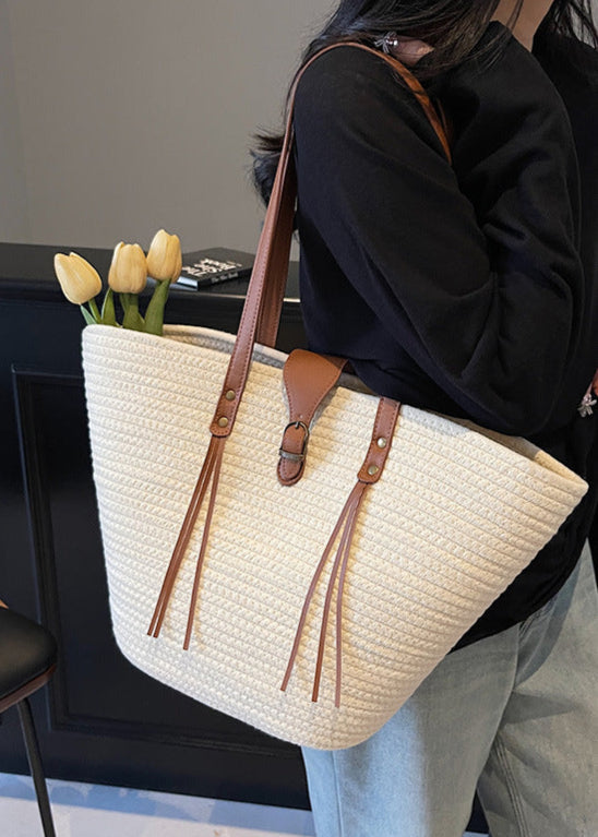 Mira - Oversized Braided Tote Bag with Buckle Accent