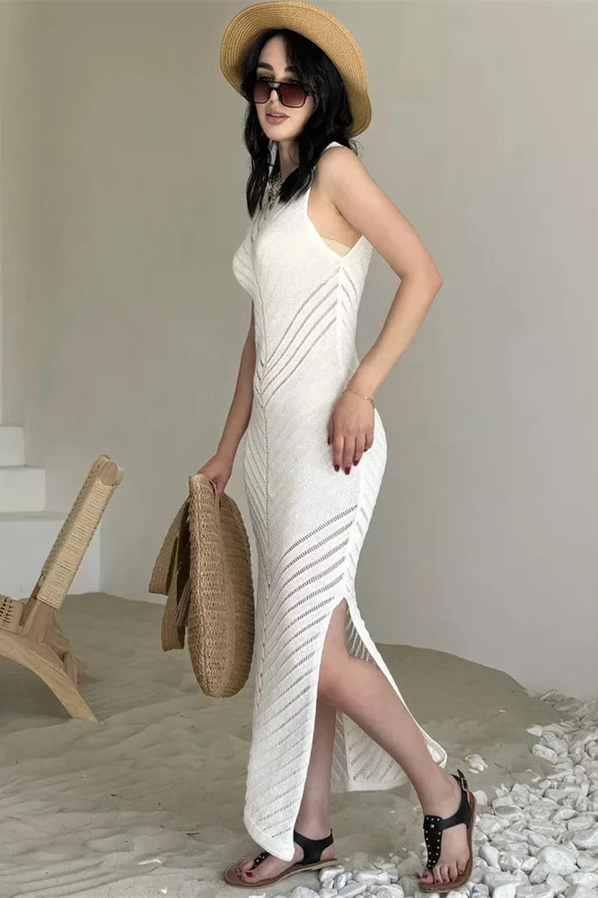 Pointelle Chevron Knit High Neck Sleeveless Midi Dress