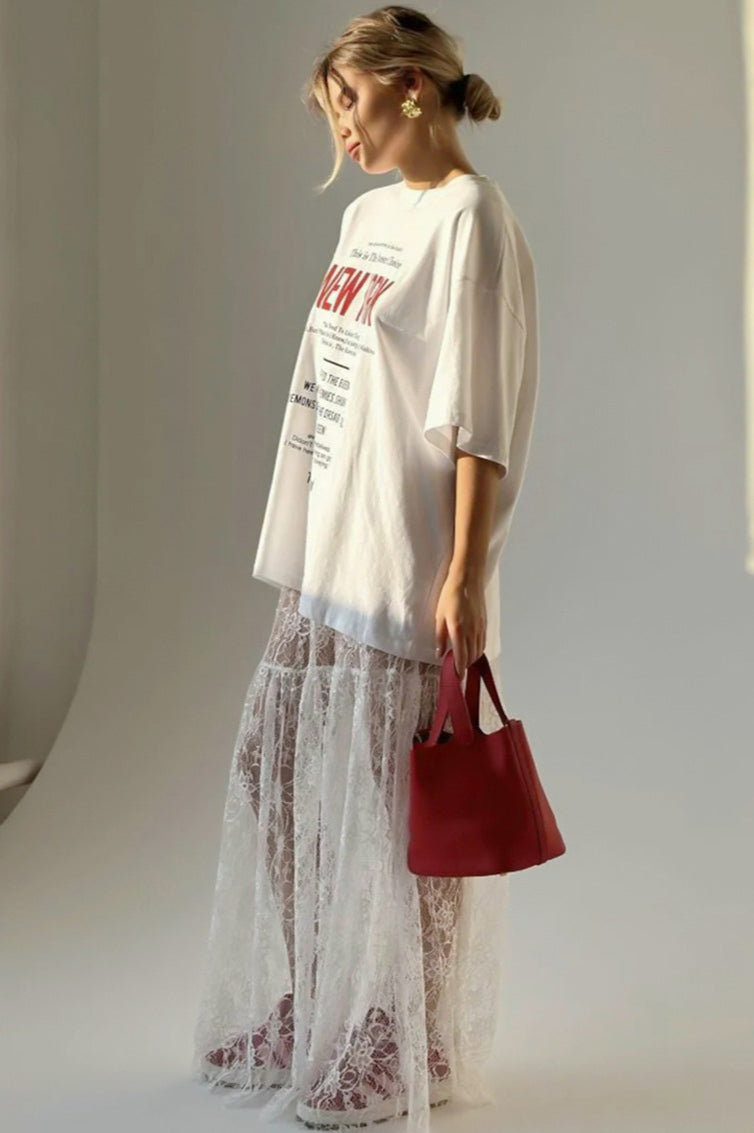 Floral Lace Sheer High-Waist A-Line Skirt