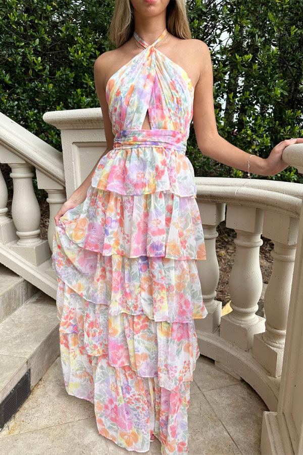 Harmony Floral Print Tiered Ruffle Cross Halter Backless Vacation Maxi Dresses