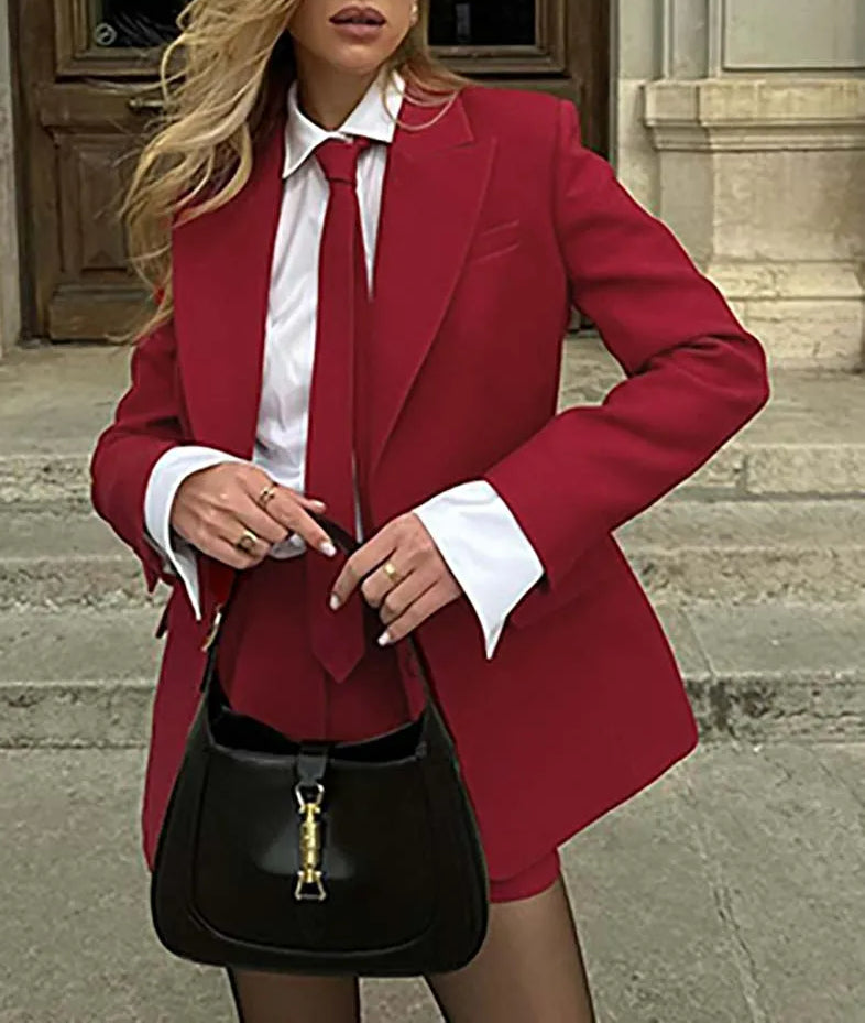 Red Pockets Tie Button Shorts Office Two Piece Set