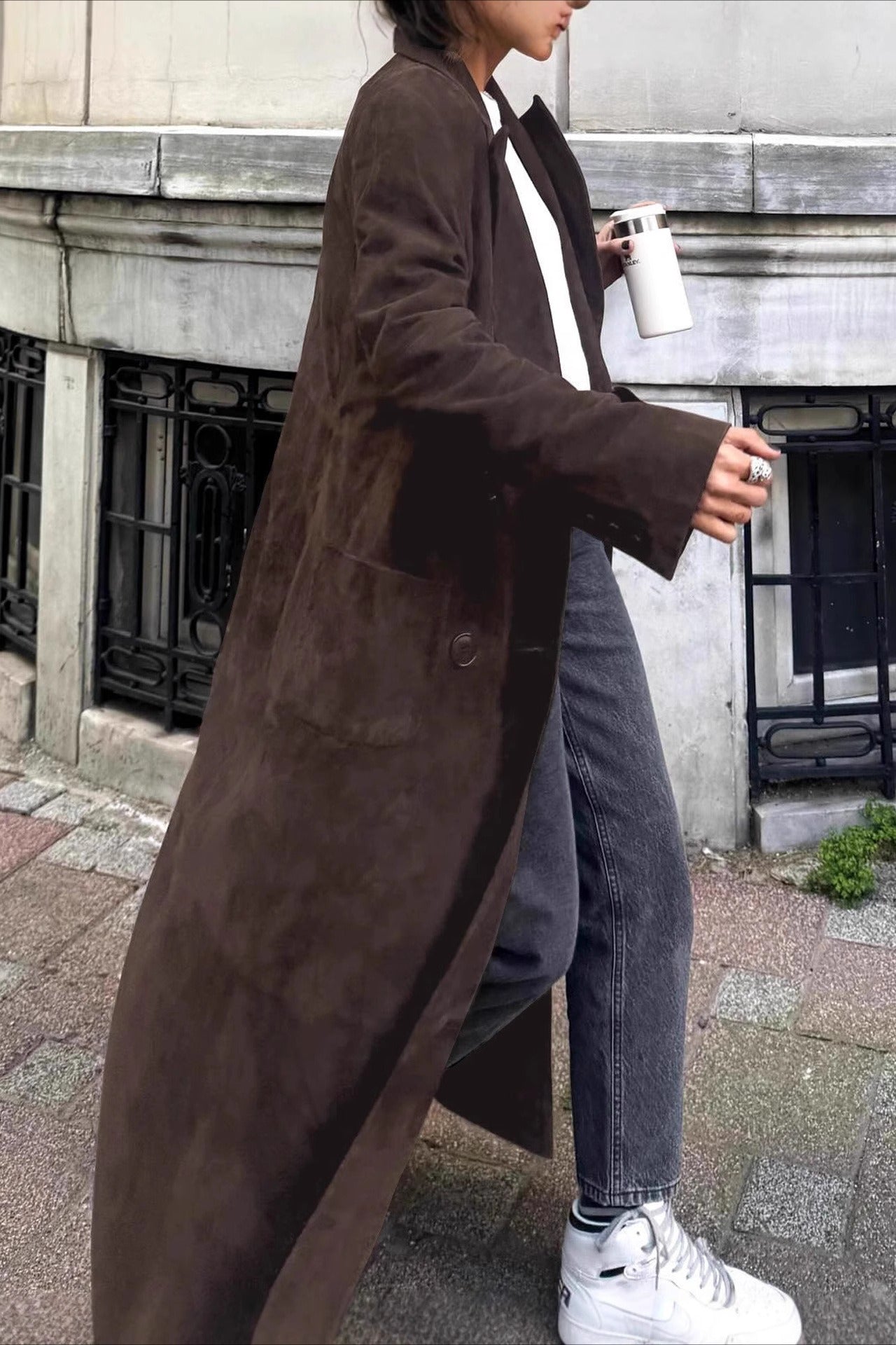 Retro Brown Belted Waist-Tie Long Overcoat