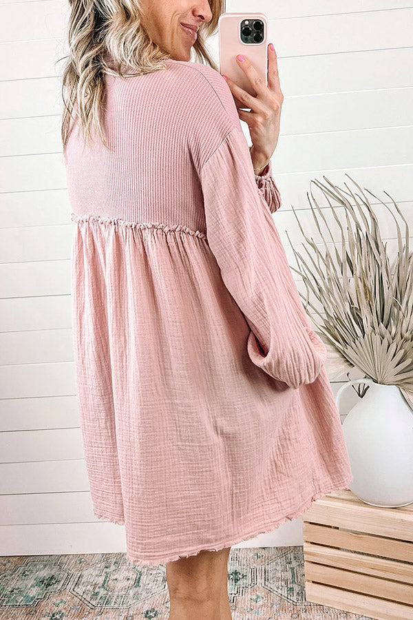 Patchwork Crinkled Puff Sleeve Raw Hem Dress