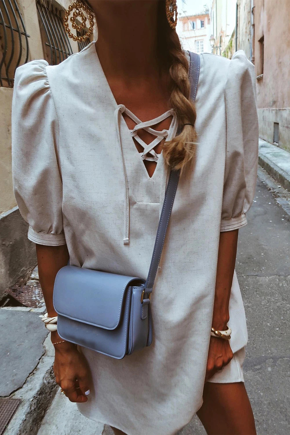 Beige Lace Up V Neck Bubble Sleeve Short Shift Dress