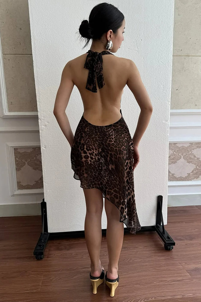 Spotted Print Halter Plunge Asymmetrical Handkerchief Hem Midi Dress