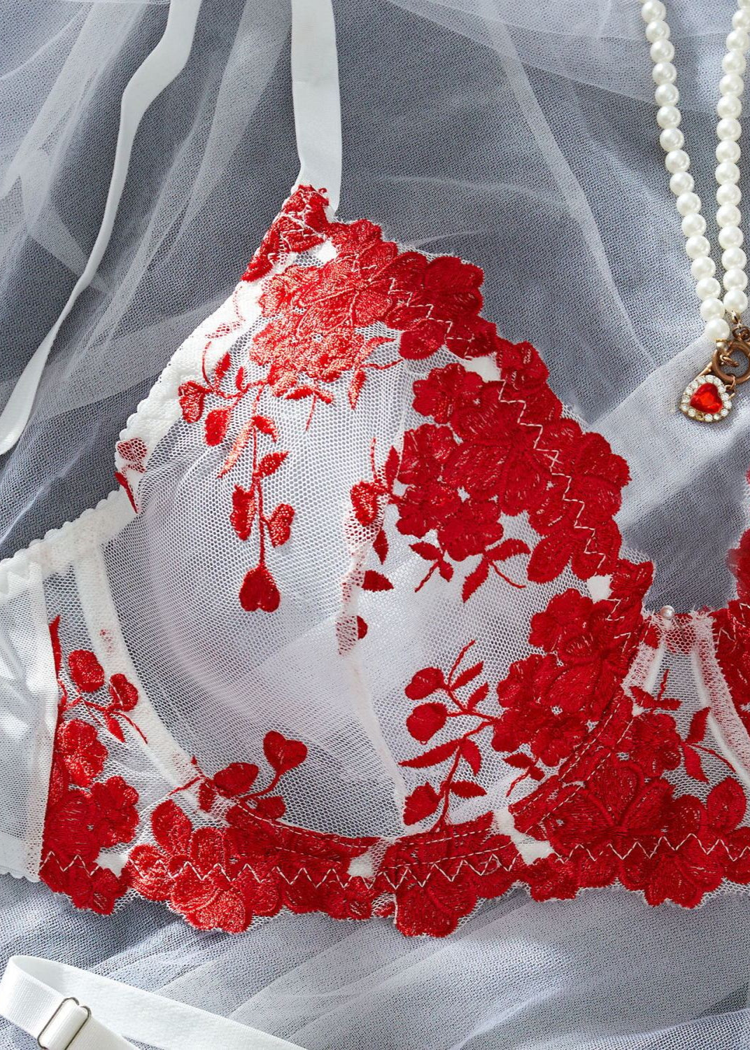 Crimson Bloom – Red Embroidered Mesh Lingerie Set with Triangle Cups