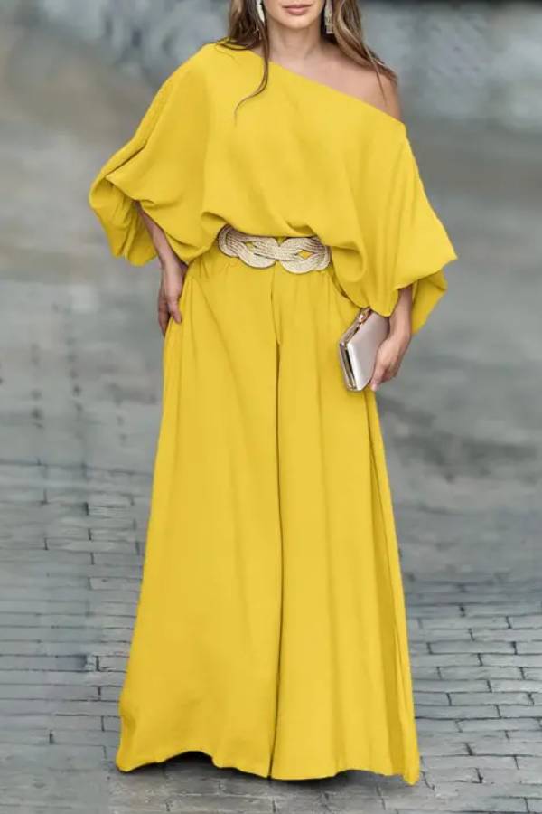 Skew Neck Lantern Sleeve Top & Wide Leg Pants Set