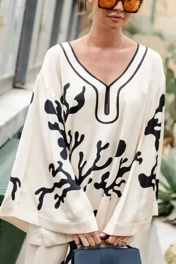 Exotic Locales Satin Unique Print Cutout Neck Wide Sleeve Kaftan Midi Dress