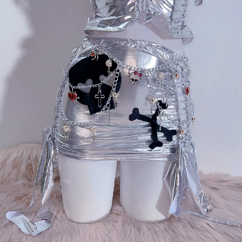 Halter metallic skull pattern ruched mini skirt set