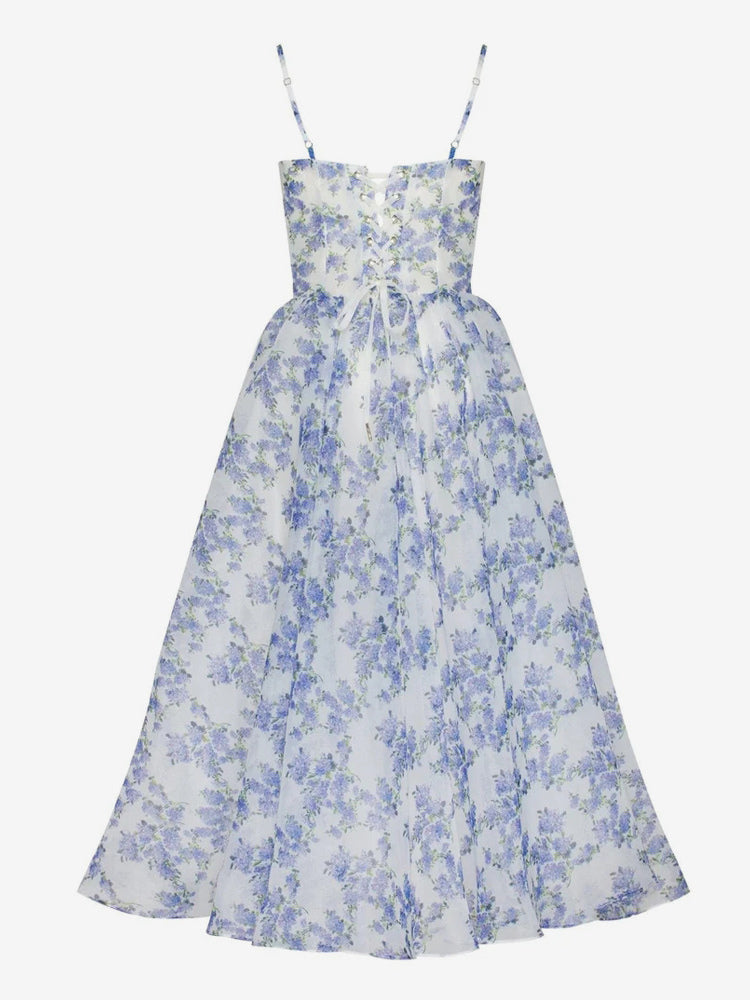 Floral Dress Spaghetti Strap Backless Lace Up Birthday Party Midi Dresses