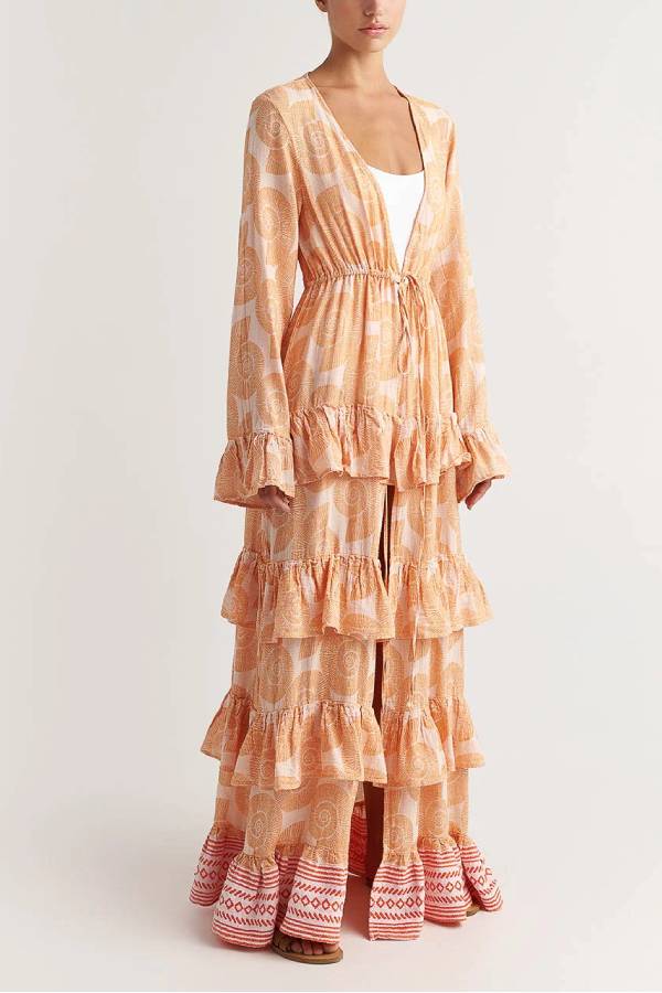Soleil Conch Print Drawstring Waist Tiered Ruffles Cover-up Maxi Dress