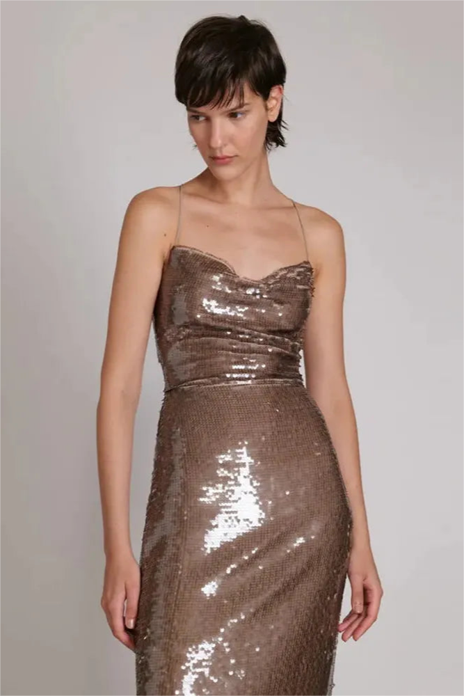 Square Collar Sequin Lace Up Tapered Waist Maxi Dress