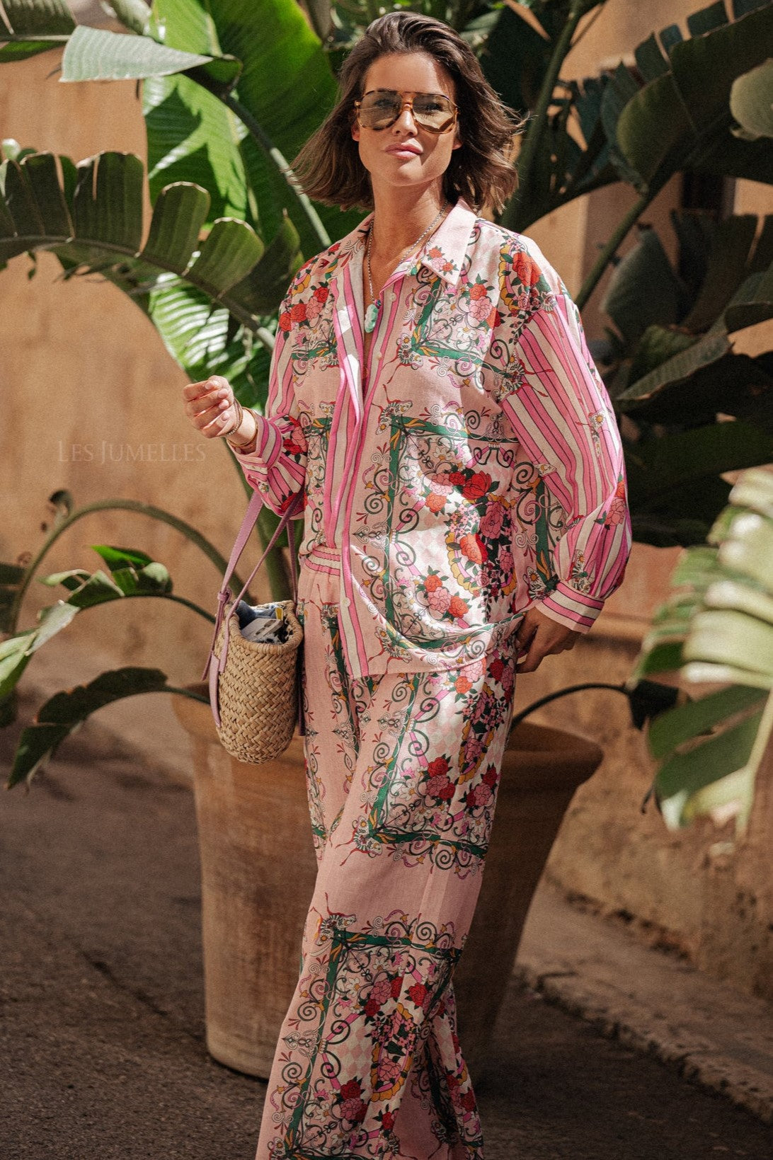 Floral Bottom Long Sleeve Top & Mid Waist Wide Leg Pants Set