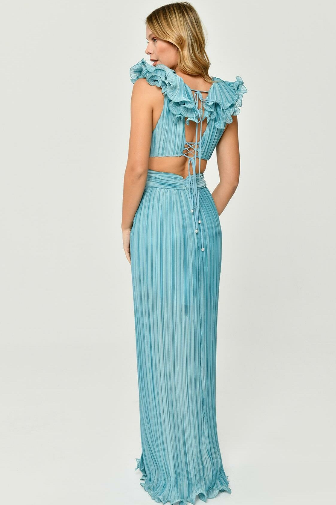 V-Neck Cut-Out Pleated Split Maxi Dress Green