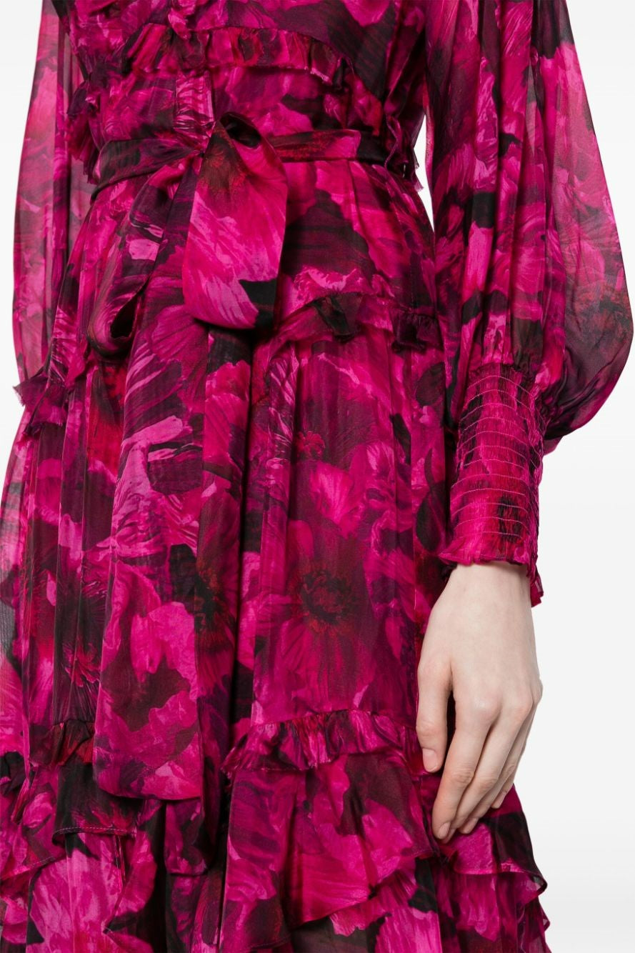 Floral Ruffle Lantern Sleeve Midi Dress