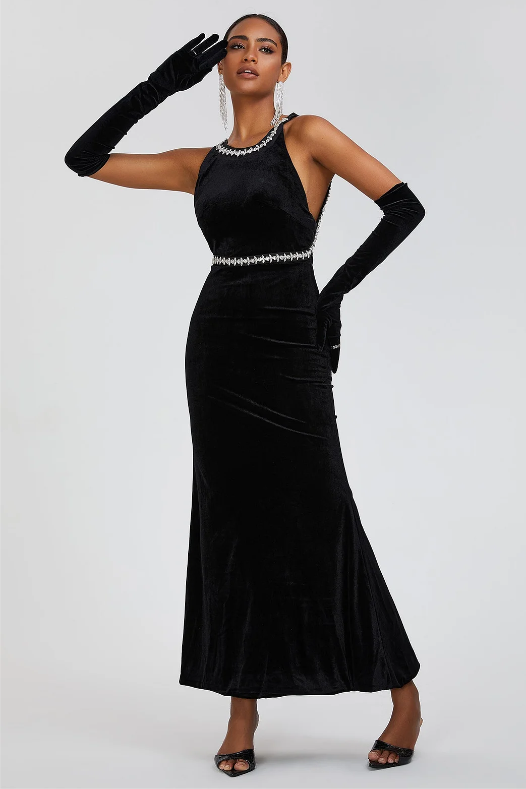 Velvet Bow Halter Backless Maxi Dress