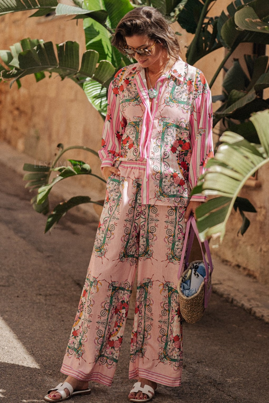 Floral Bottom Long Sleeve Top & Mid Waist Wide Leg Pants Set
