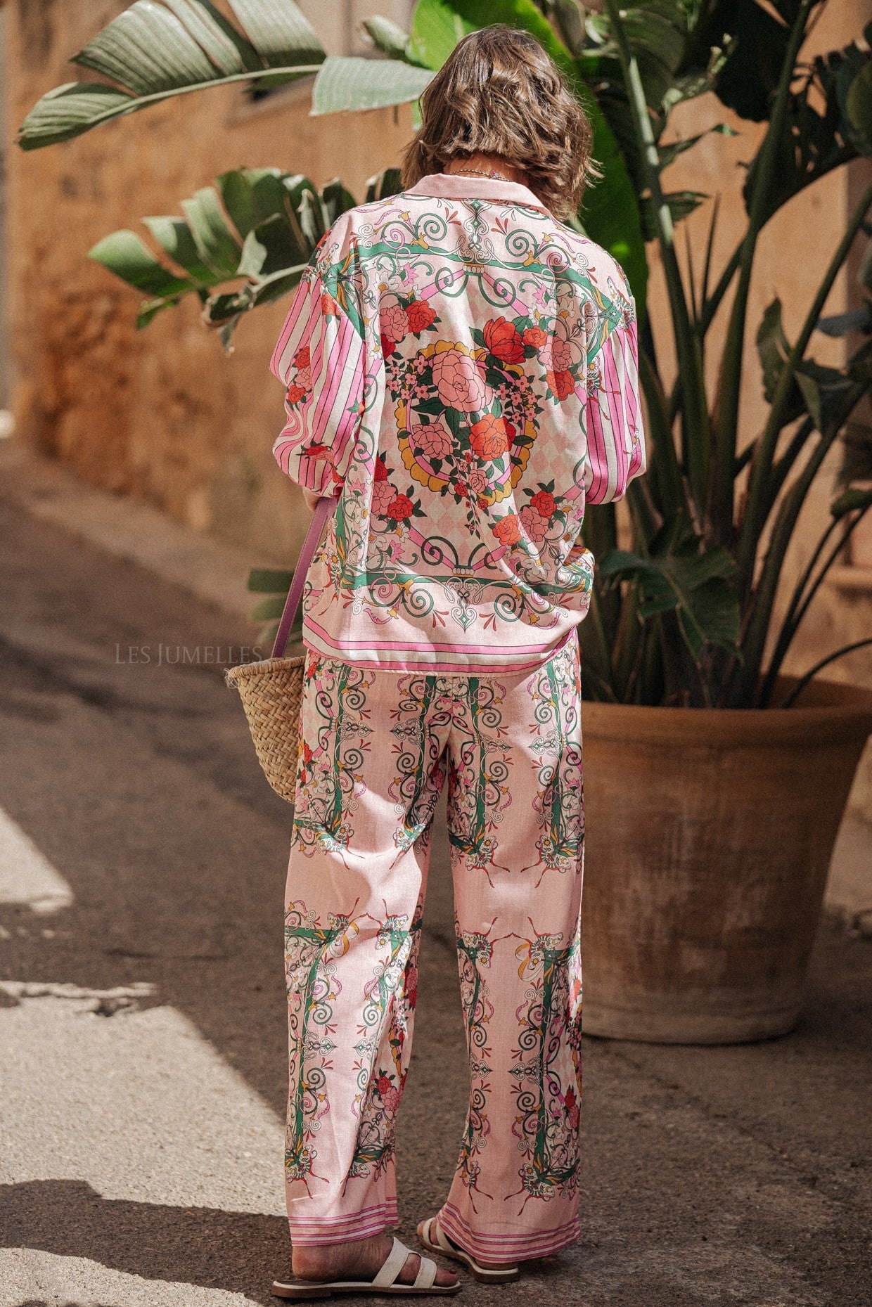 Floral Bottom Long Sleeve Top & Mid Waist Wide Leg Pants Set