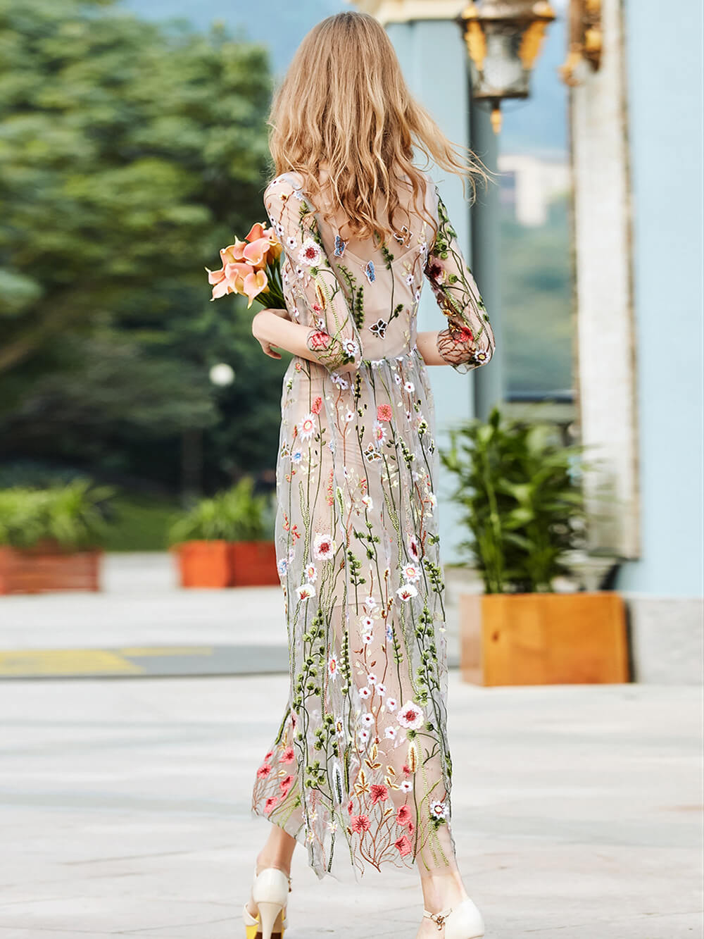 Sheer Garden Mini Dress Flower Embroidered