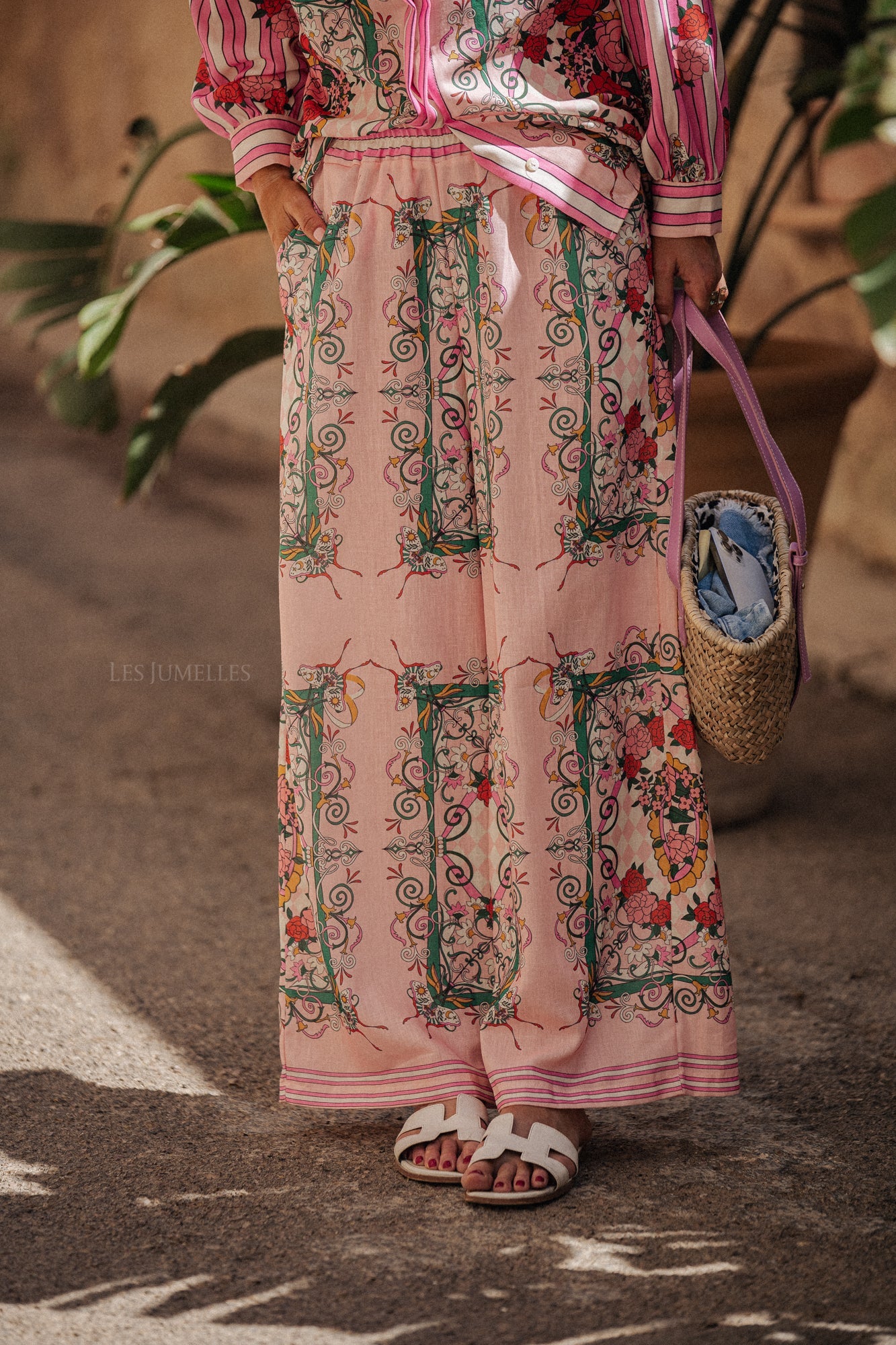 Floral Bottom Long Sleeve Top & Mid Waist Wide Leg Pants Set