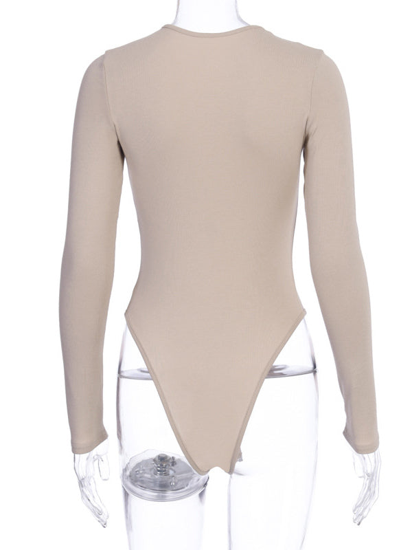 Bodysuit Light Apricot Long Sleeves Piping Stretch Notched Neckline Sexy Cotton Top For Women