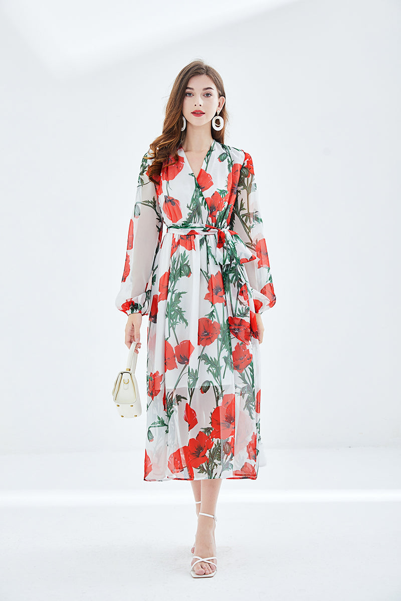 Floral Print Deep V-Neck Lantern Sleeve Belted Chiffon Maxi Dress
