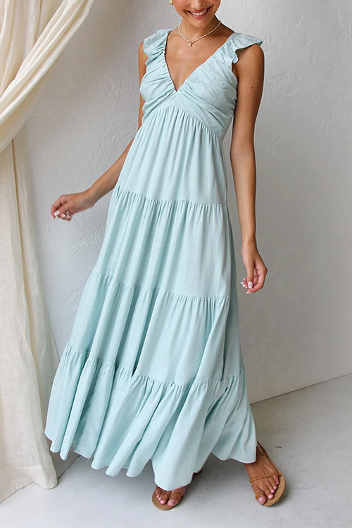 Plunging V-Neck Ruffle Strap Tiered Empire Waist Maxi Dress