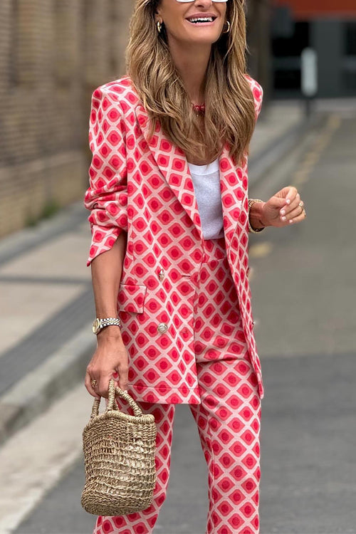 Geometric Print Lapel Double Breasted Blazer and Flare Pants Set