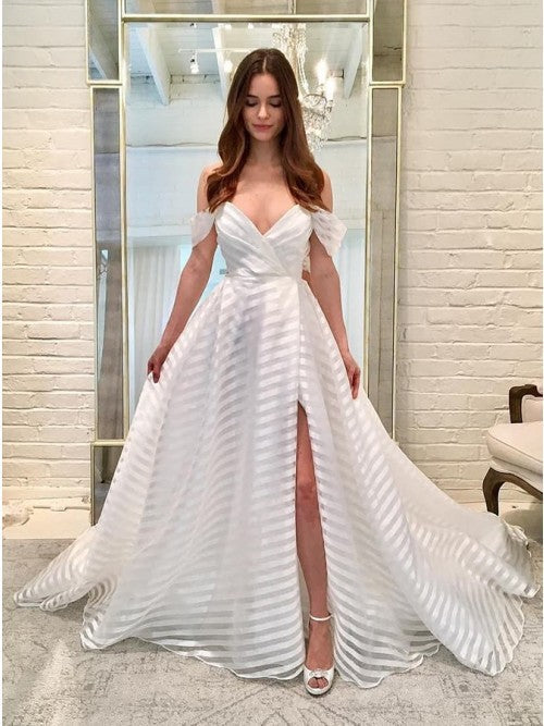 Striped Sheer Off Shoulder Ruffle Sleeve Deep V Slit Ball Gown