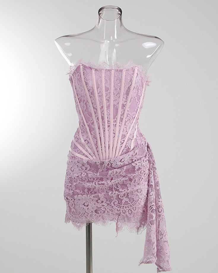 Sexy Lace See-Through Stitching Corset Tube Top Dress Women