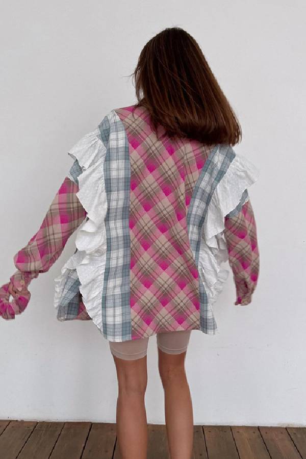 Sky Blue Plaid Print Patchwork Ruffle Shirt
